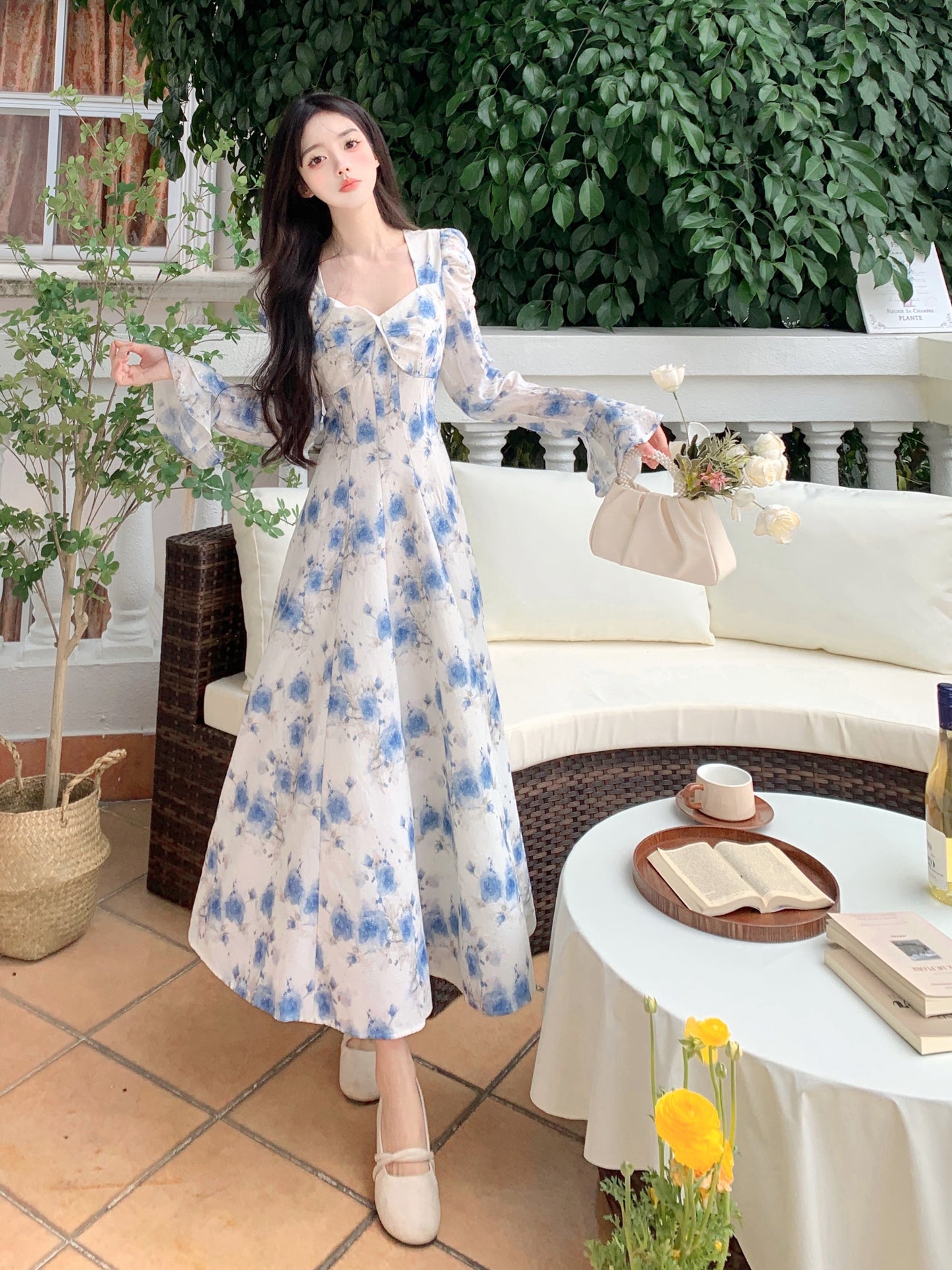 Blue Floral Elegant Fashion Long Sleeve Dress