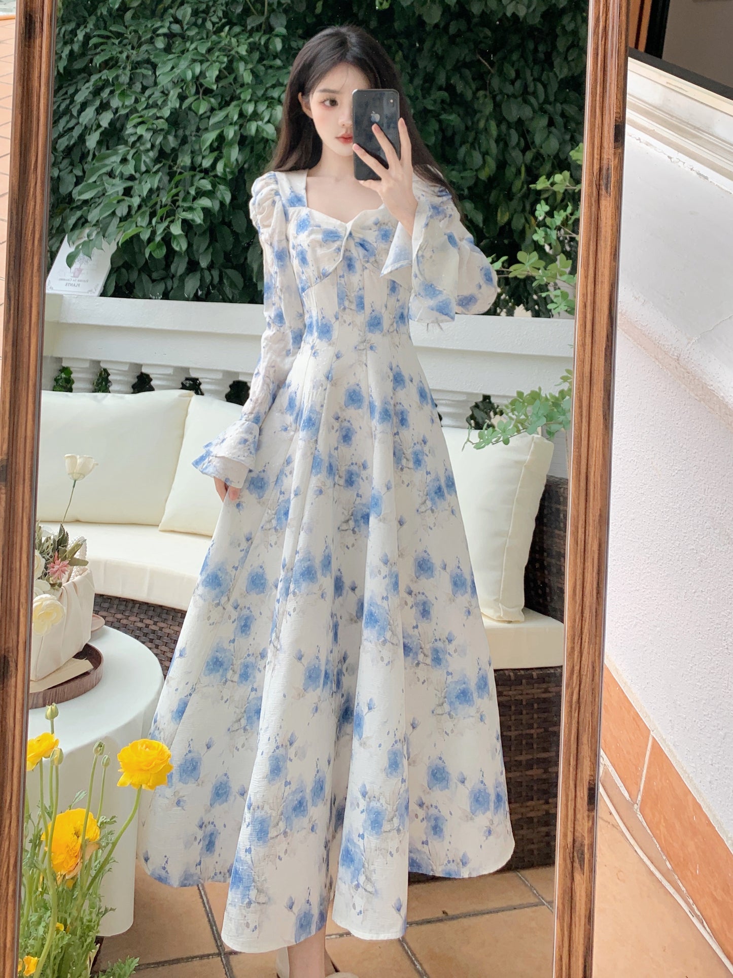 Blue Floral Elegant Fashion Long Sleeve Dress