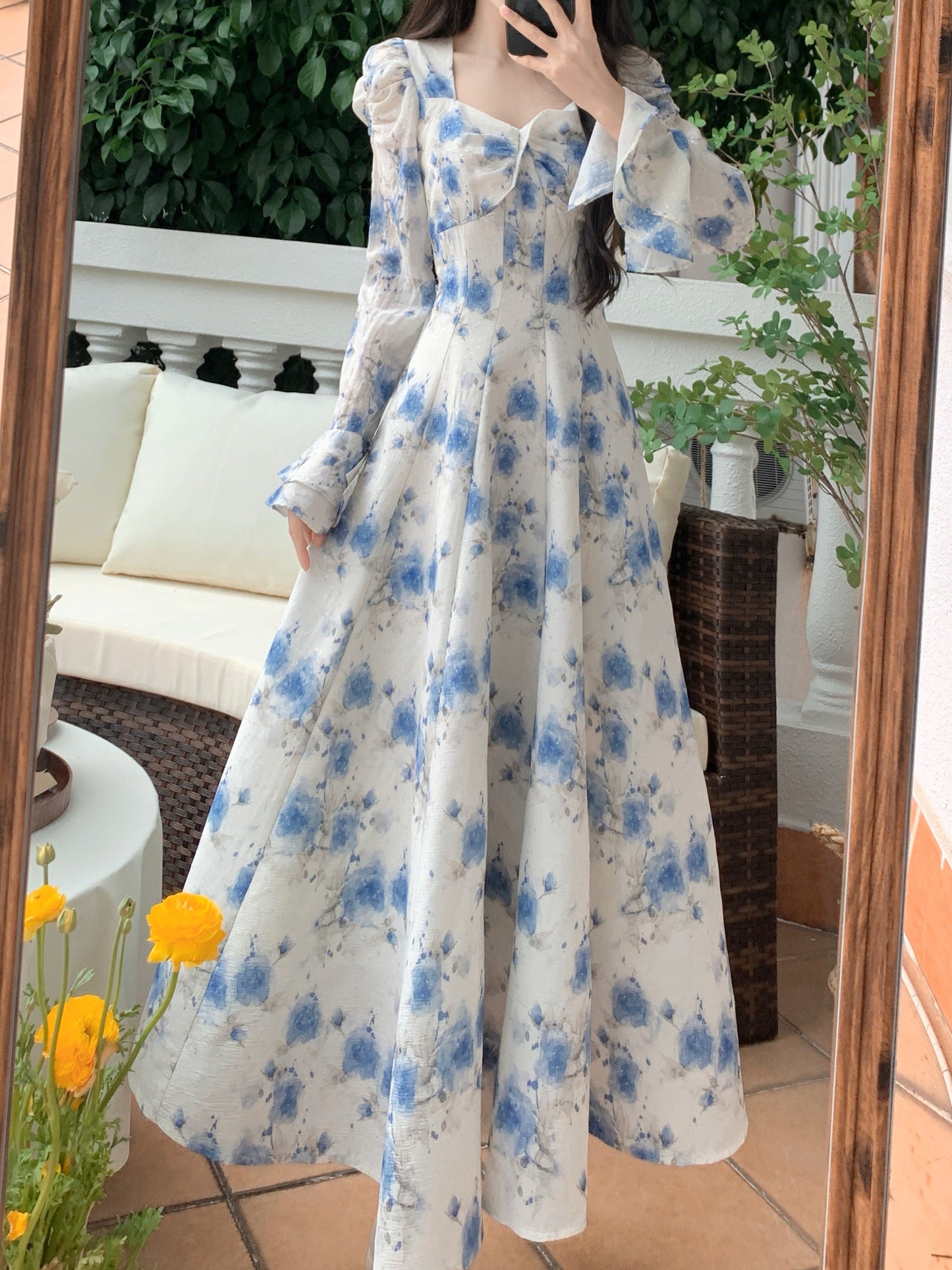 Blue Floral Elegant Fashion Long Sleeve Dress