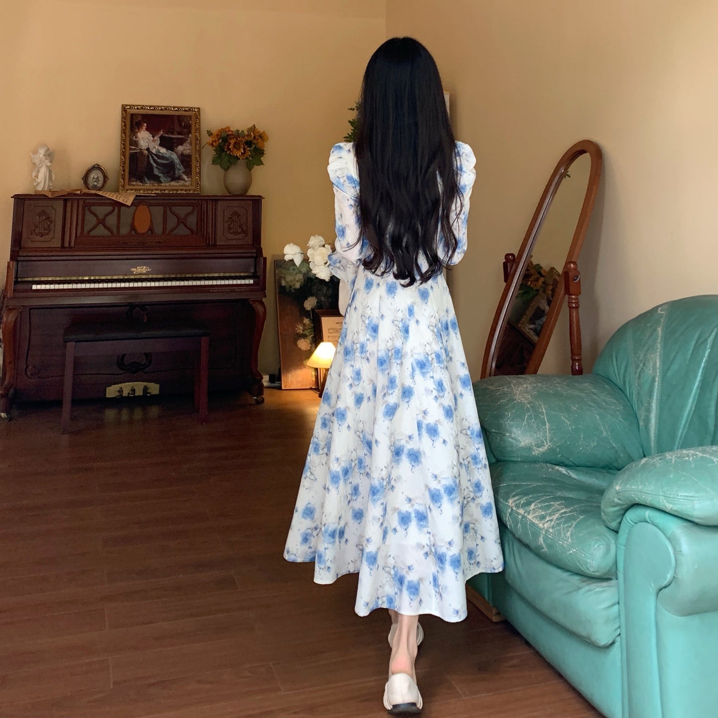 Blue Floral Elegant Fashion Long Sleeve Dress