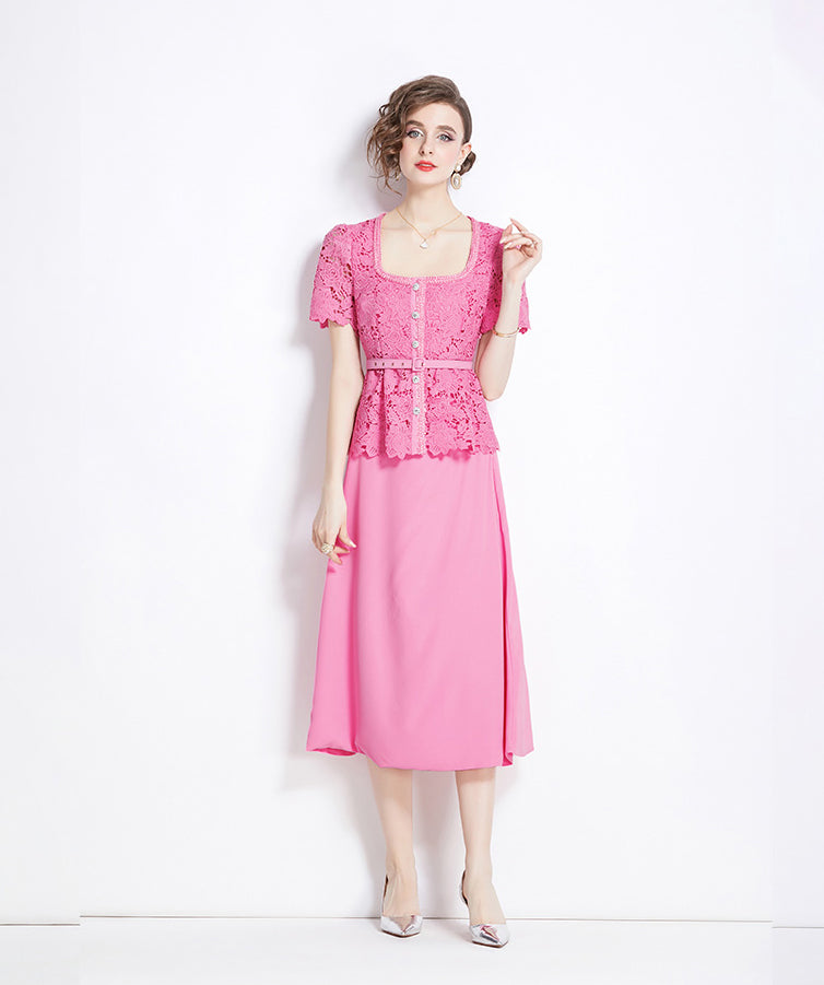 Pink Square Neck Lace Splicing Fake Two Pieces Dress
