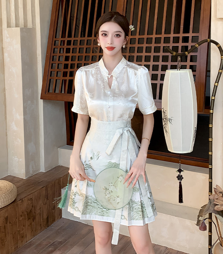 Short-sleeve Chinese Style Top + Green Wrapped Mini Skirt Two Pieces Set