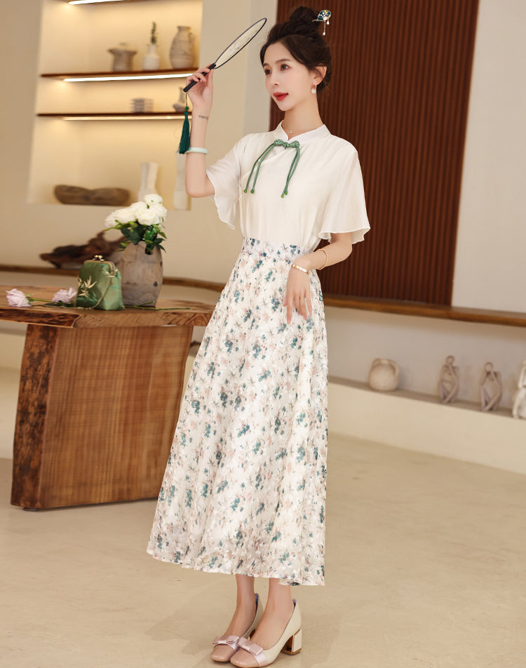 Retro Buckle Top + Flower Print Skirt Two Pieces Set