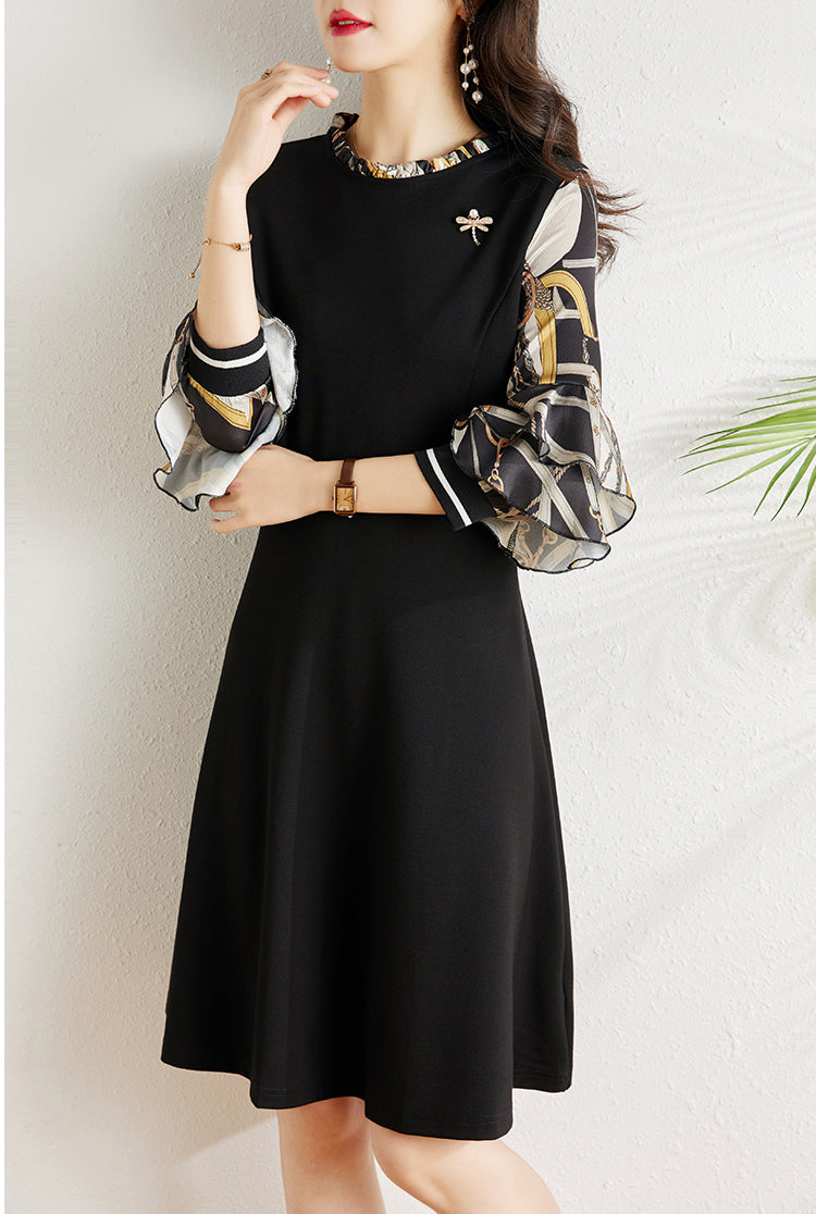 Black Three-quarter Sleeve A-line Dress