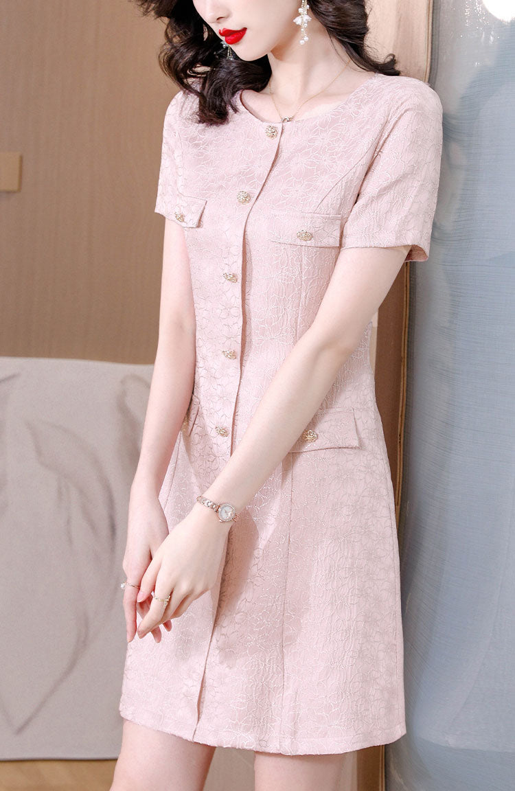 Pink Short-sleeve Jacquard A-line Mini Dress