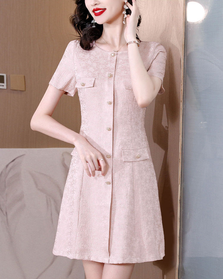 Pink Short-sleeve Jacquard A-line Mini Dress