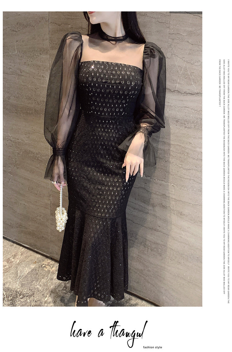 Black Fishtail Retro Hepburn Style Spliced Mesh Dress