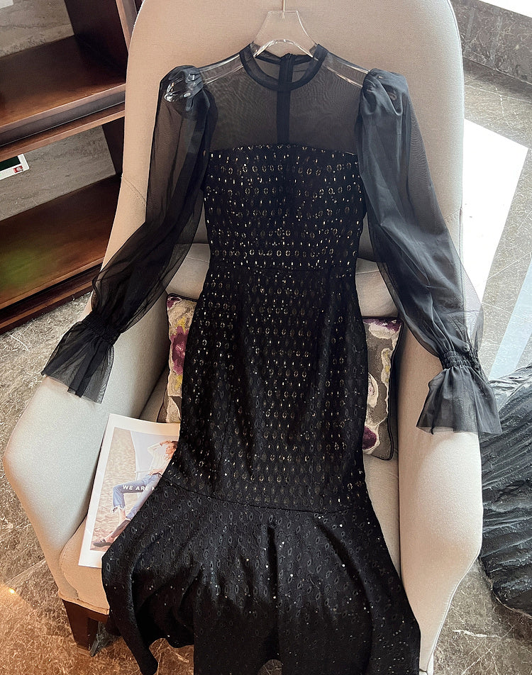 Black Fishtail Retro Hepburn Style Spliced Mesh Dress