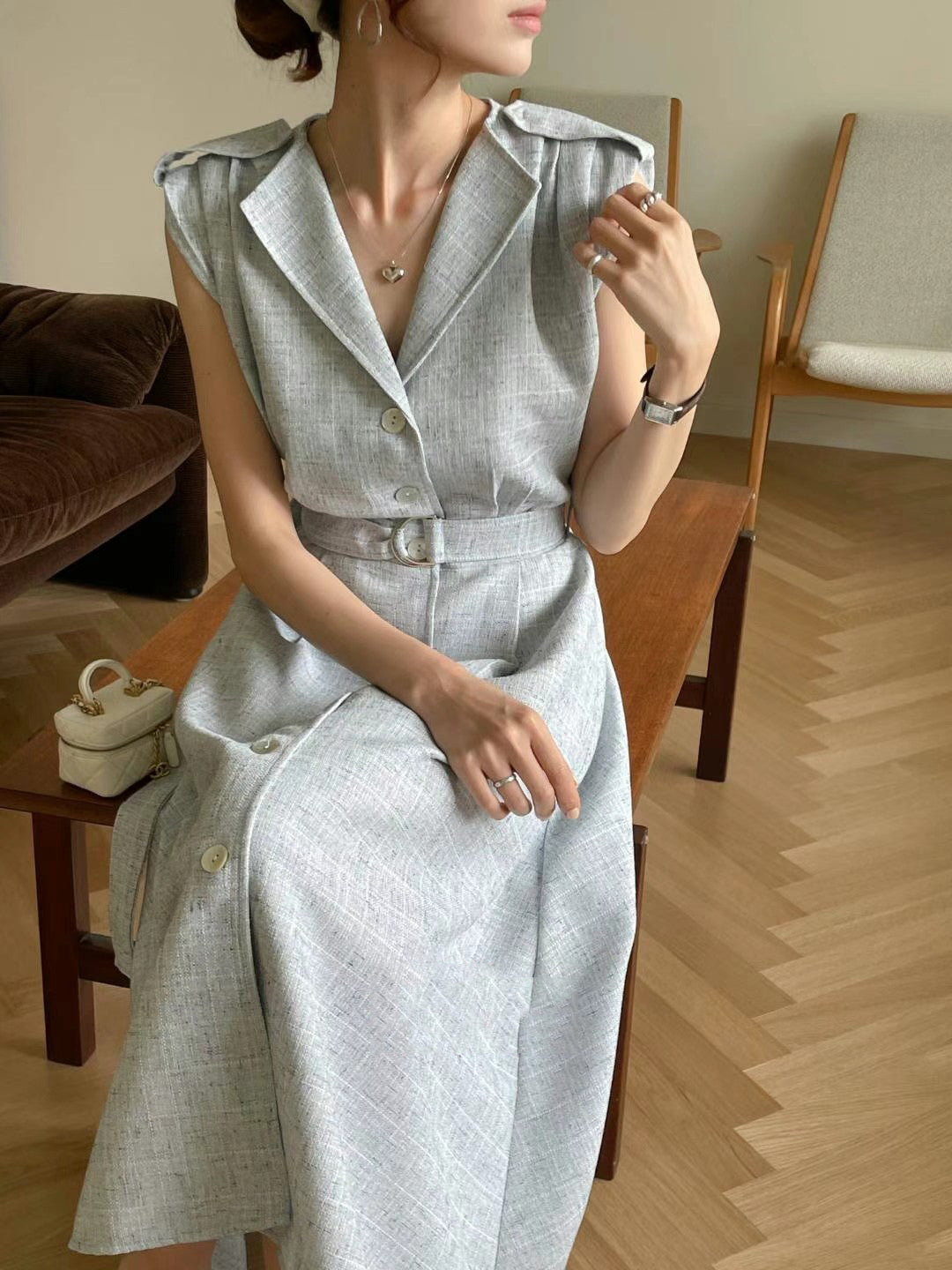 Elegant Lapel Single-breasted Windbreaker Sleeveless Dress