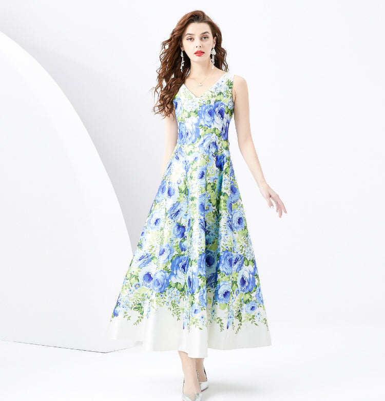 Blue Floral Retro Draped V-neck Sleeveless Dress