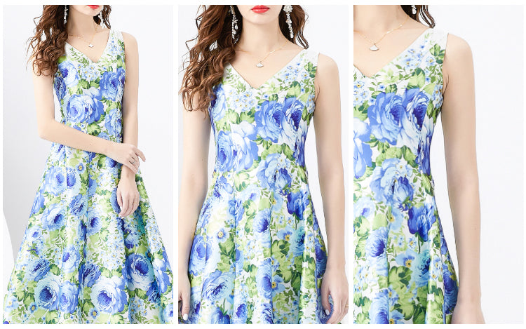 Blue Floral Retro Draped V-neck Sleeveless Dress