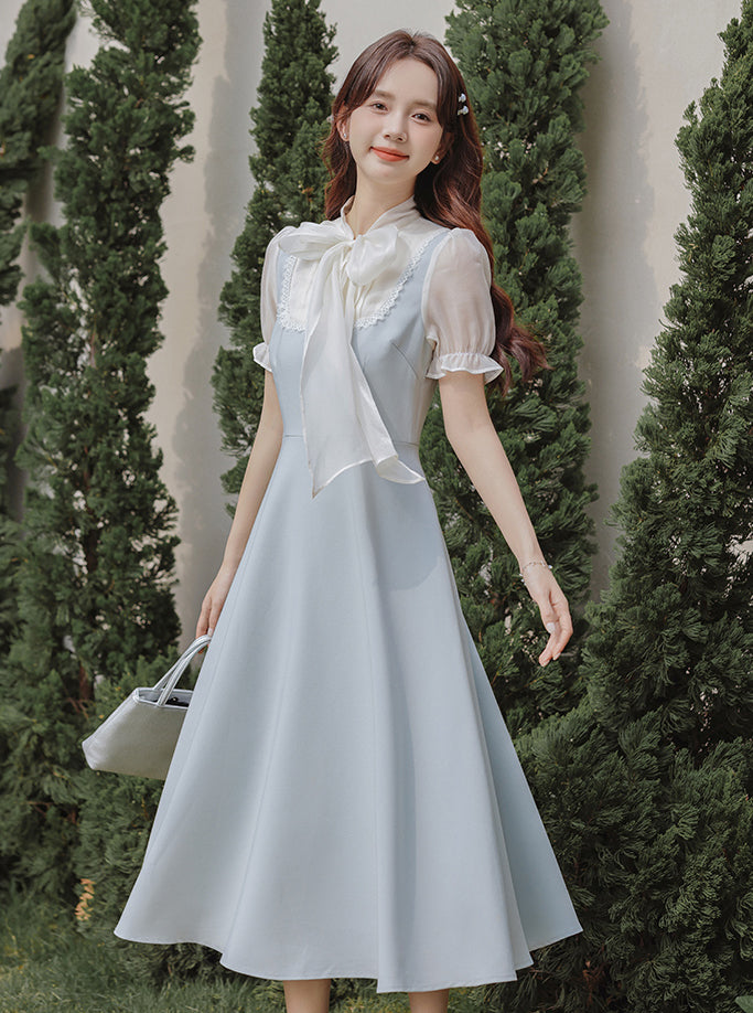 Gentle Blue Bow Stitching Slim Dress