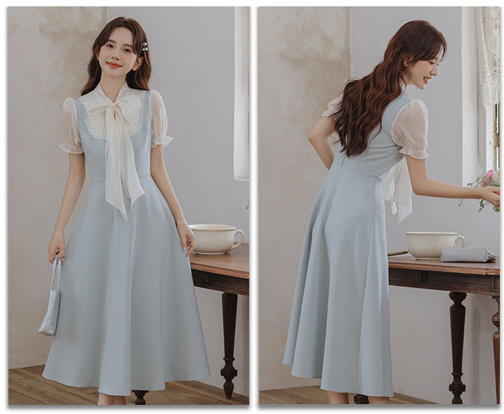 Gentle Blue Bow Stitching Slim Dress