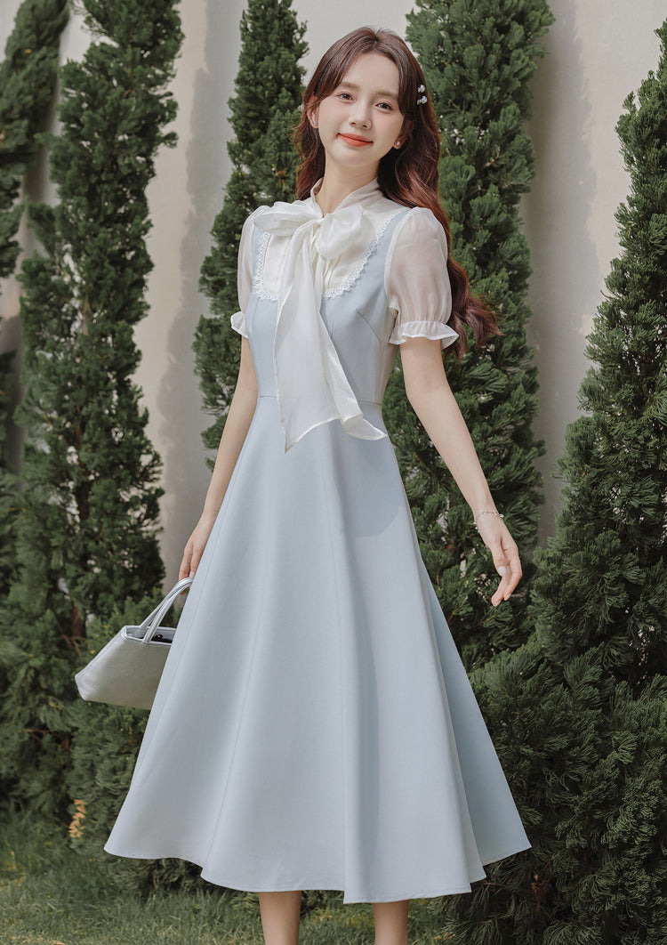 Gentle Blue Bow Stitching Slim Dress