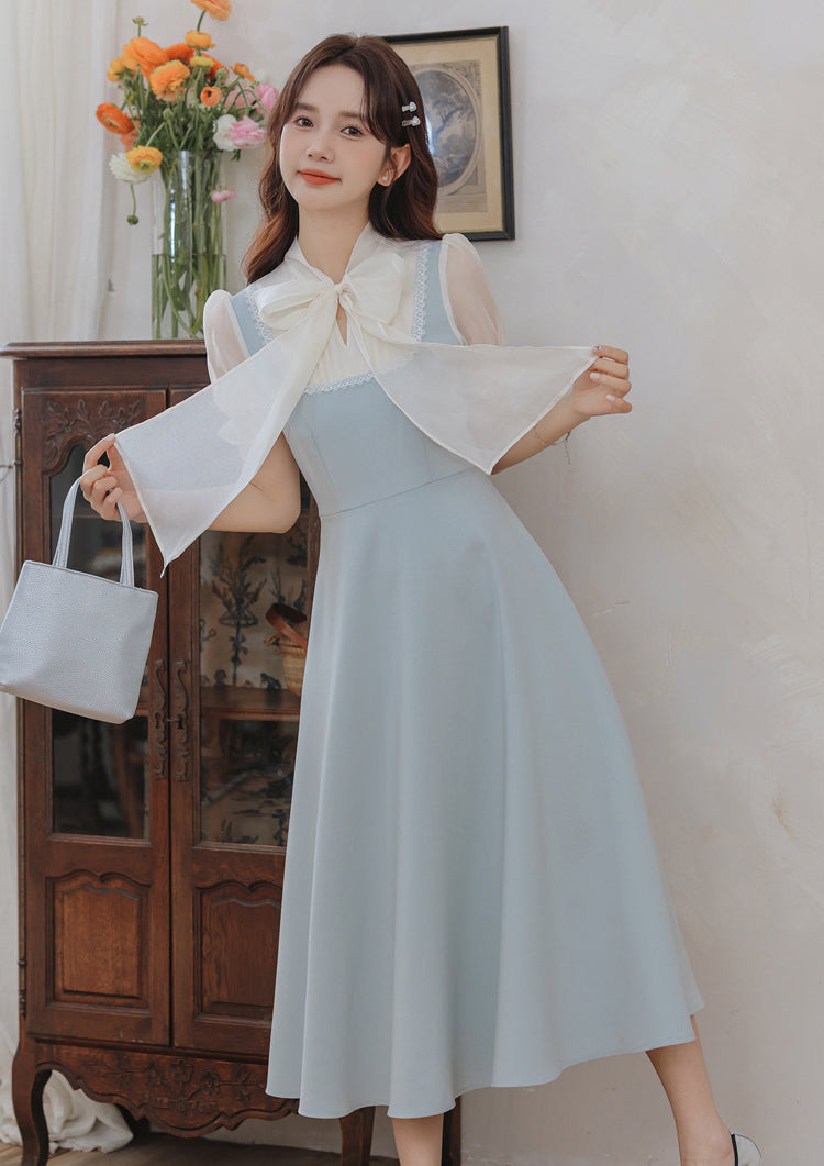 Gentle Blue Bow Stitching Slim Dress