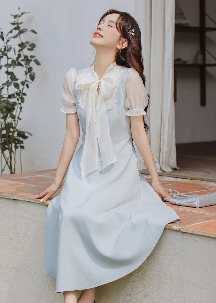 Gentle Blue Bow Stitching Slim Dress