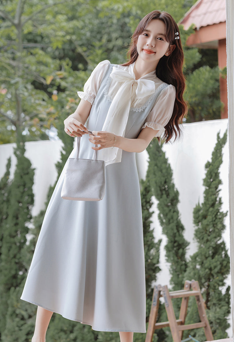 Gentle Blue Bow Stitching Slim Dress