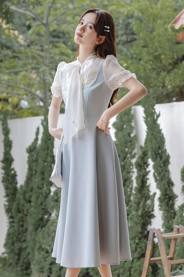 Gentle Blue Bow Stitching Slim Dress