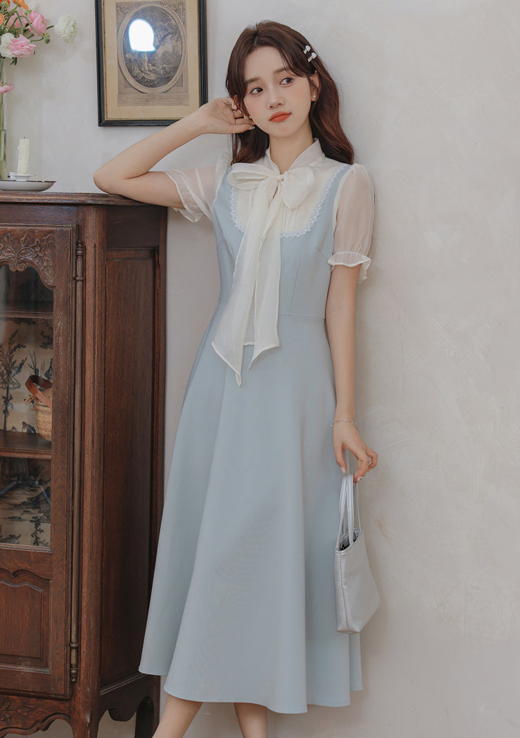 Gentle Blue Bow Stitching Slim Dress