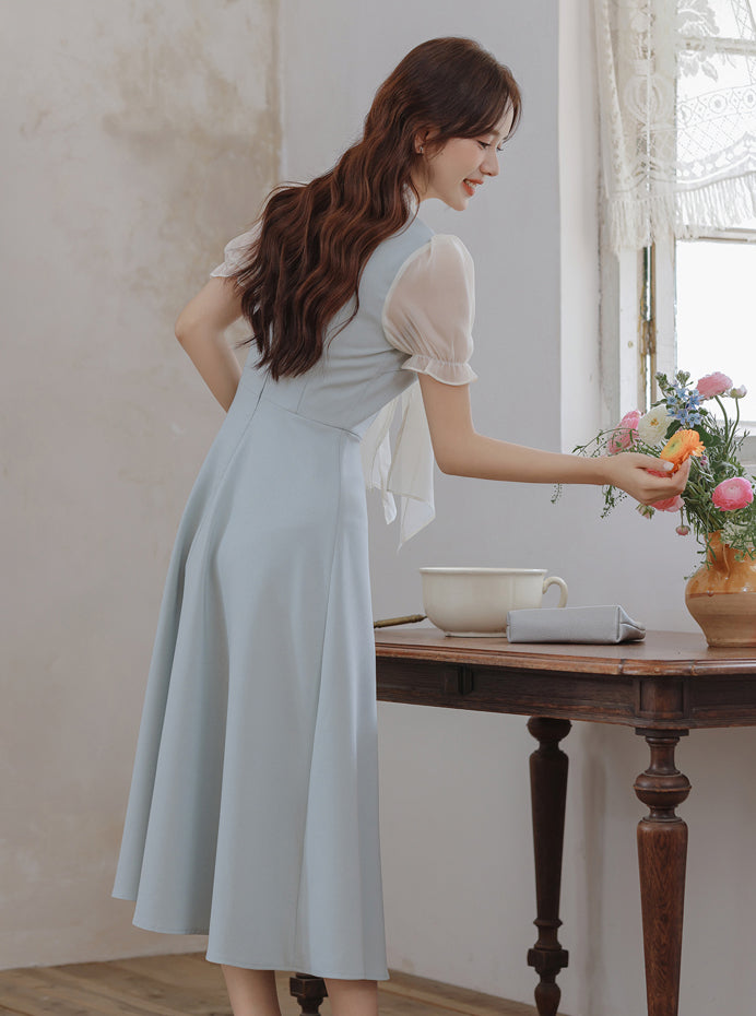 Gentle Blue Bow Stitching Slim Dress