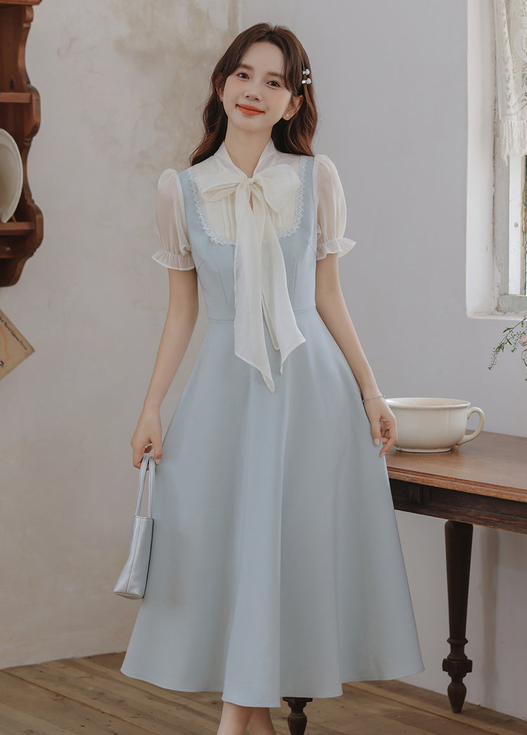 Gentle Blue Bow Stitching Slim Dress