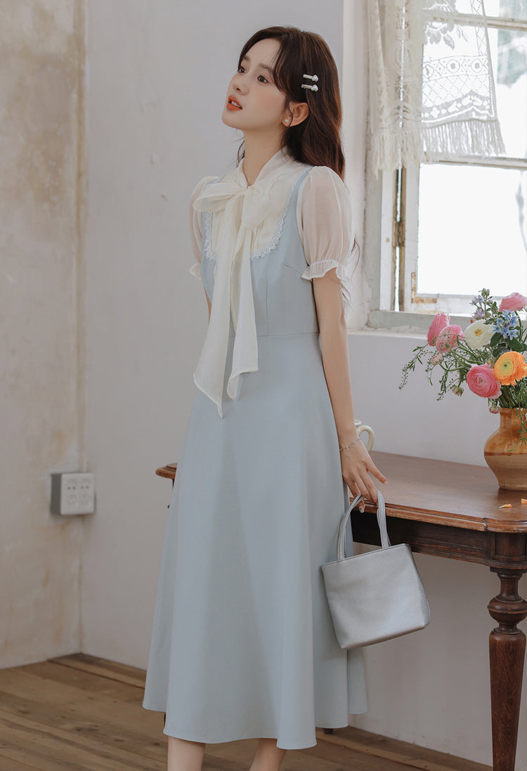 Gentle Blue Bow Stitching Slim Dress