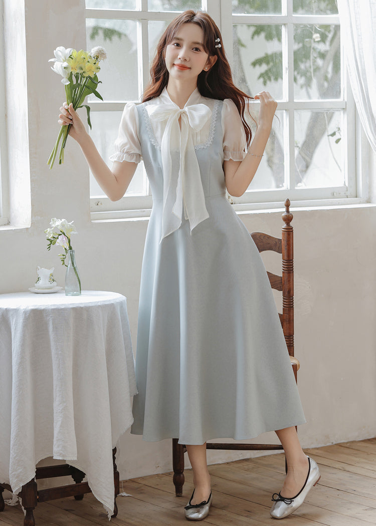 Gentle Blue Bow Stitching Slim Dress