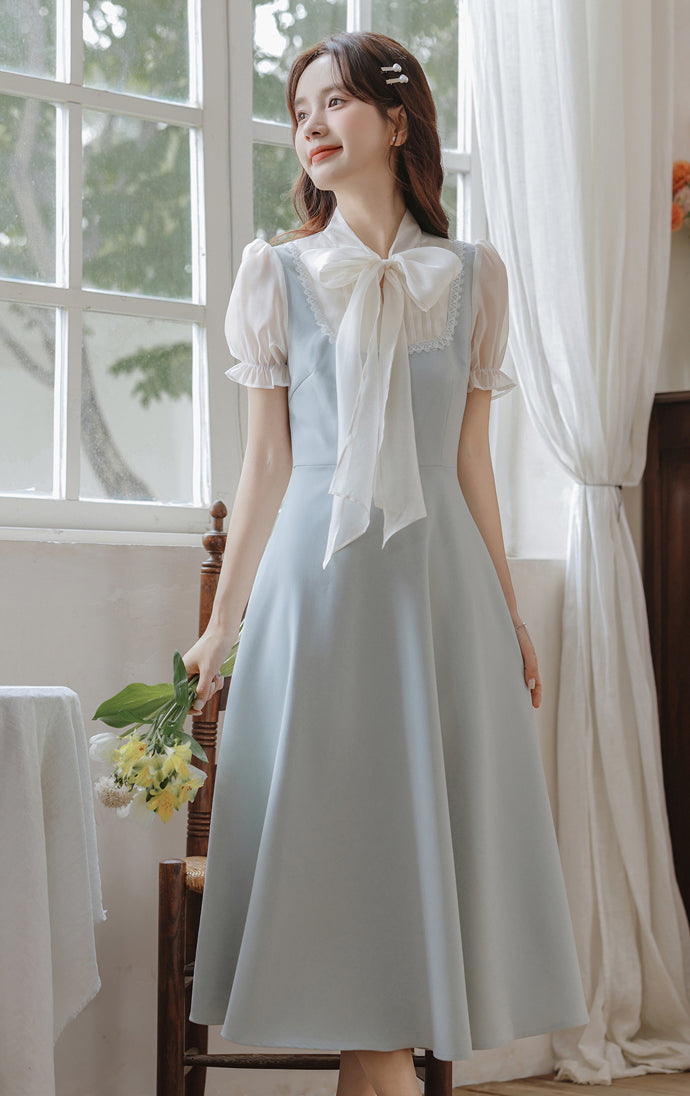 Gentle Blue Bow Stitching Slim Dress