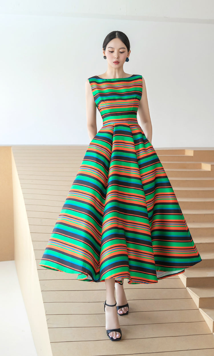 Green Colorful Striped Large Swing Fluffy Long Dress