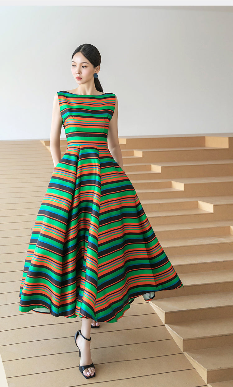 Green Colorful Striped Large Swing Fluffy Long Dress