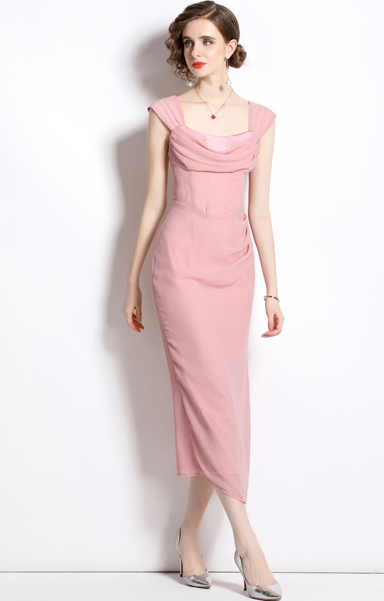 Pink Pleated Tube Top Mid-length Slit Dress