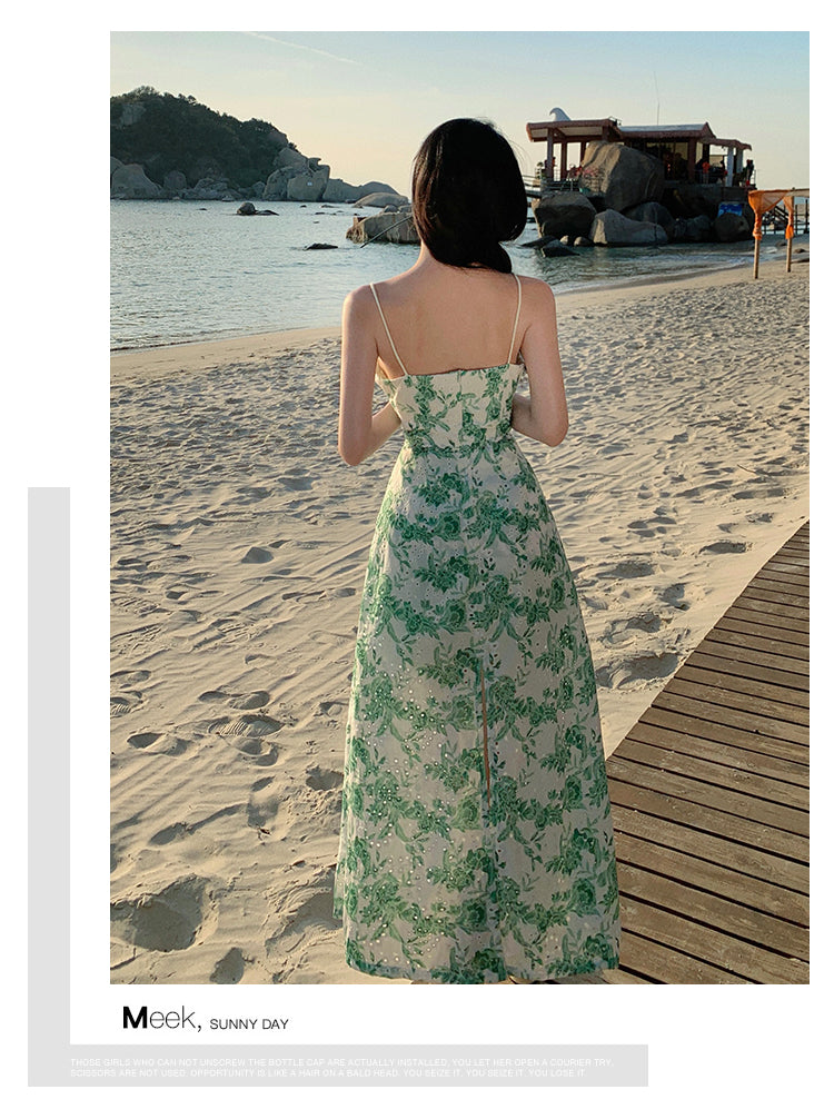 Green Floral Spaghetti Slit Beach Dress