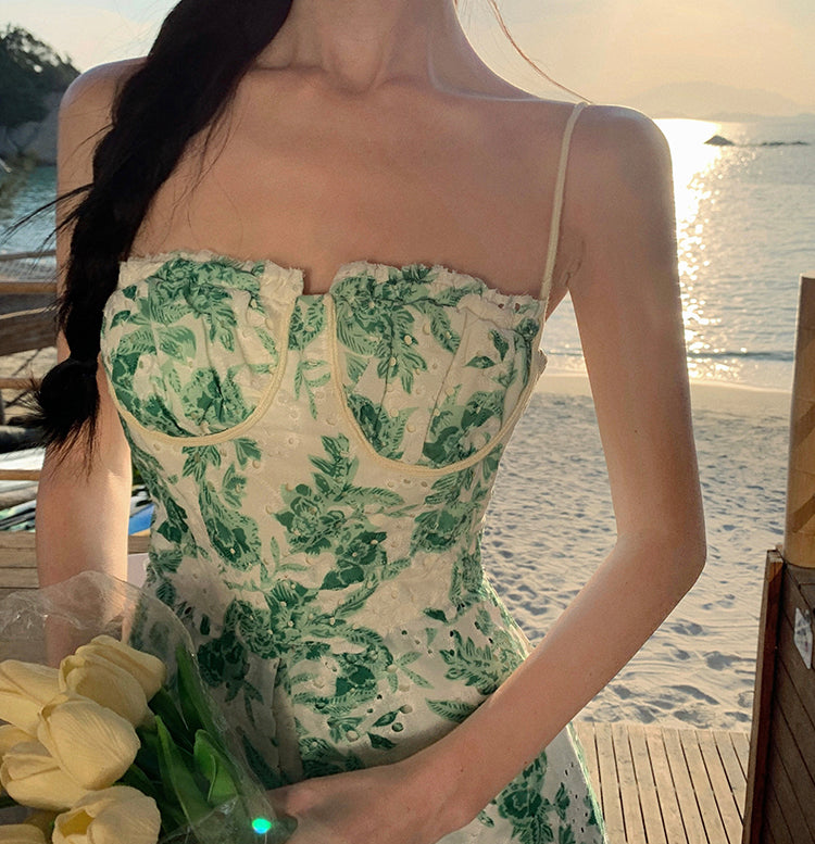 Green Floral Spaghetti Slit Beach Dress