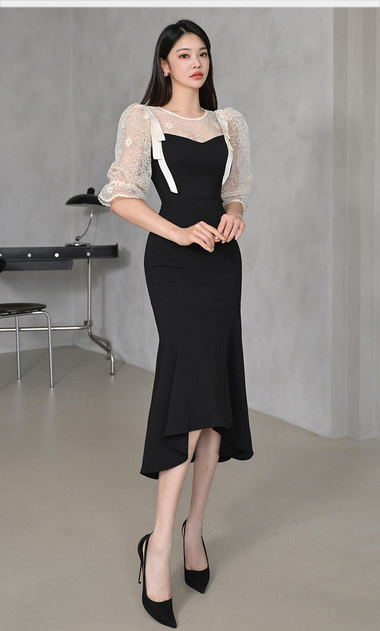 Black Lace Puff Sleeve Fishtail Mid-length Dress