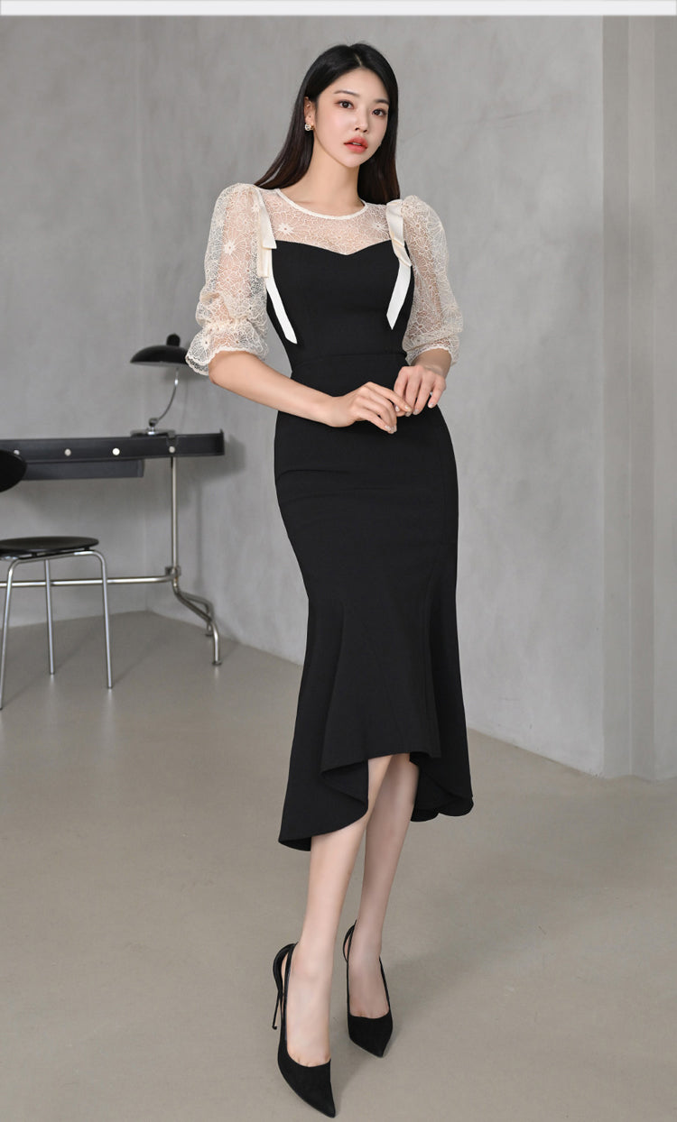 Black Lace Puff Sleeve Fishtail Mid-length Dress