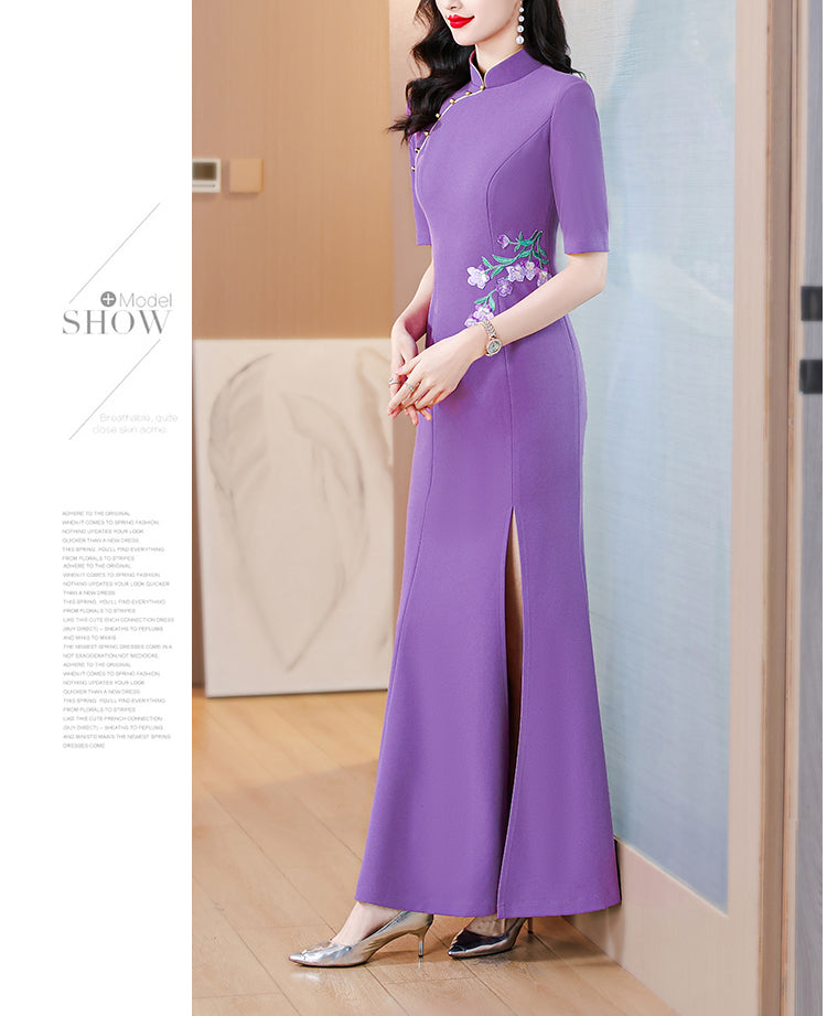 Purple Embroidered Cheongsam Slit Dress