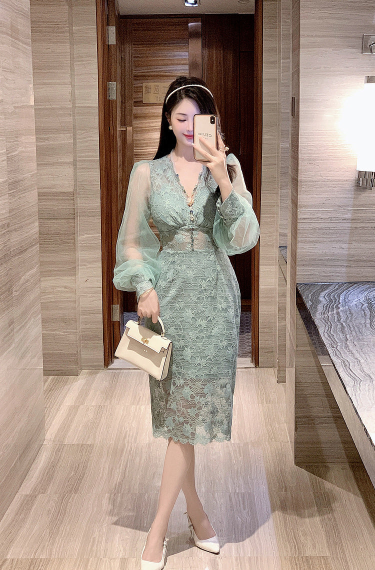 V-neck Lace Mid-length Dress