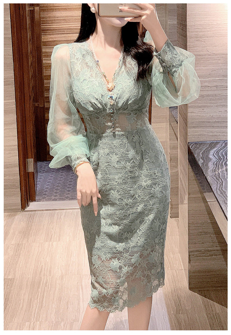 V-neck Lace Mid-length Dress