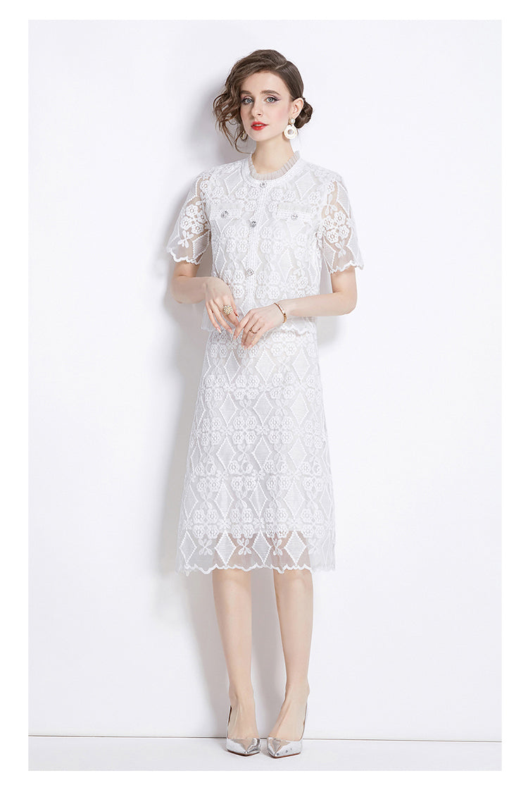 White Embroidered Lace Top + Classic Pencil Skirt Two Pieces Set