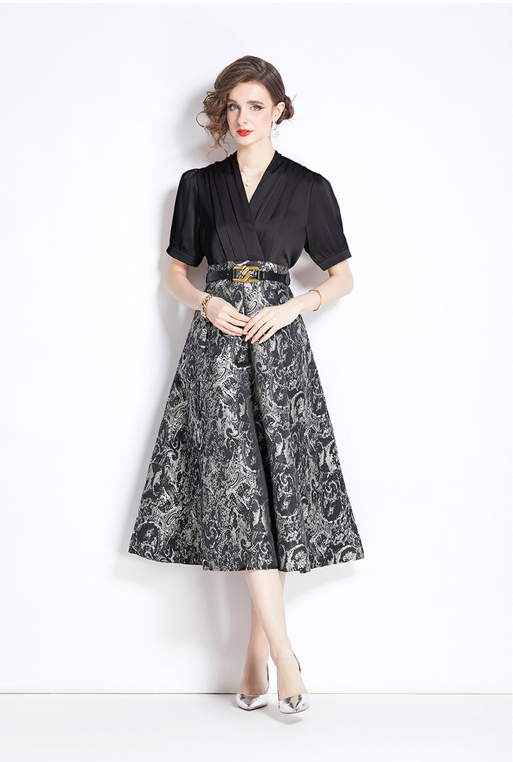 Elegant Retro Fake Two Piece Spliced V-neck Jacquard Swing Dress