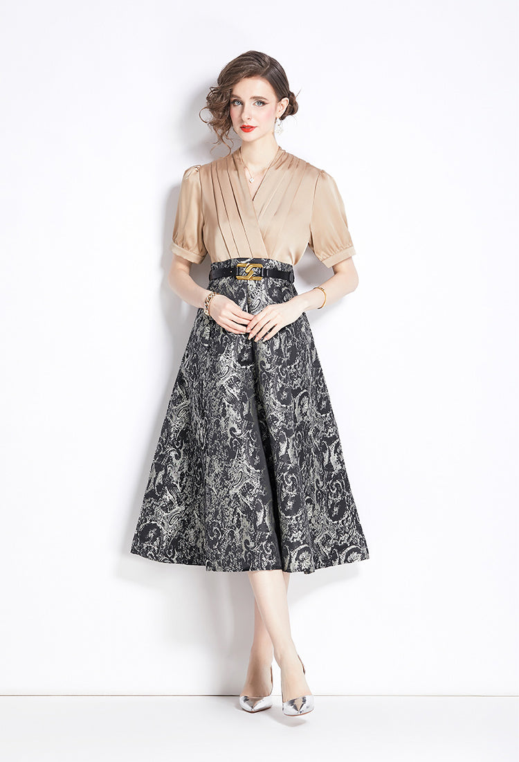 Elegant Retro Fake Two Piece Spliced V-neck Jacquard Swing Dress