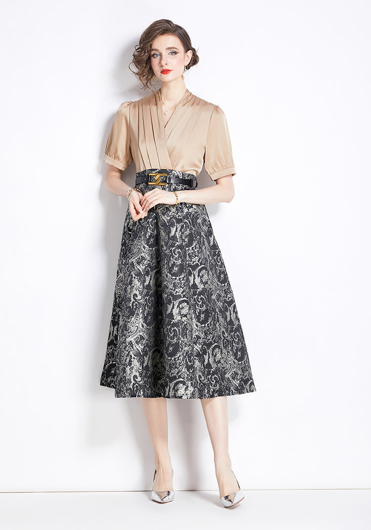 Elegant Retro Fake Two Piece Spliced V-neck Jacquard Swing Dress