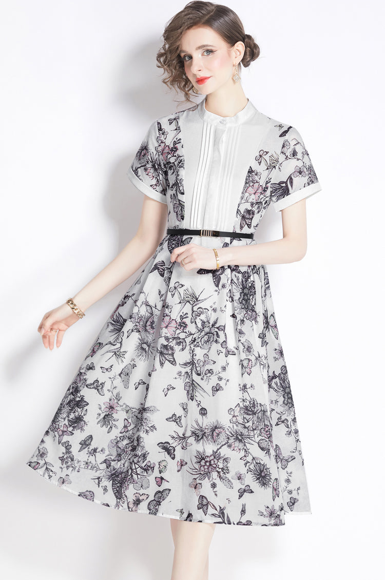 Black Floral Pleated A-line Dress