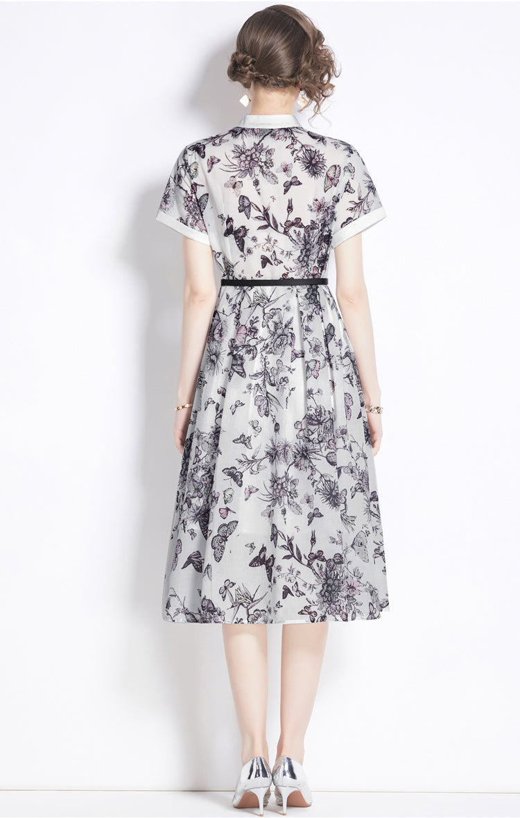 Black Floral Pleated A-line Dress