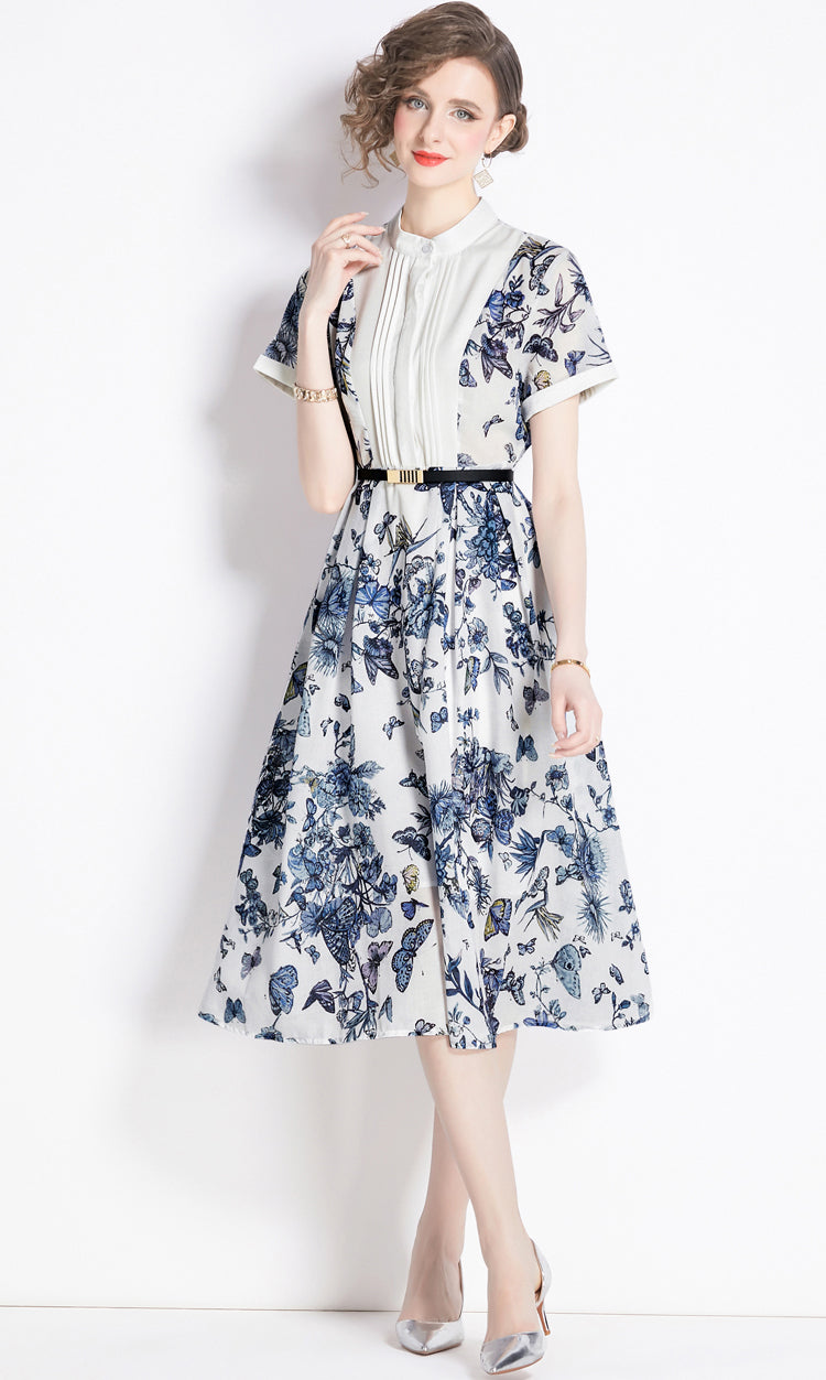 Blue Floral Pleated A-line Dress