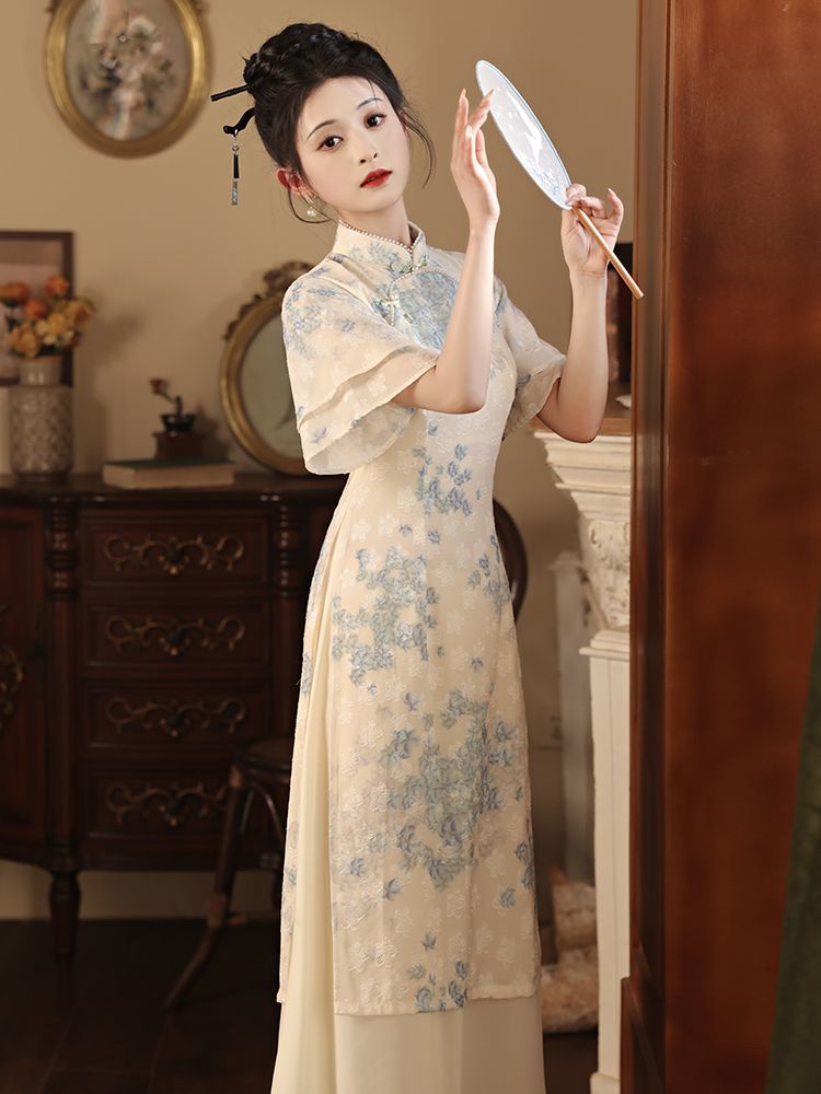 Floral Apricot Fake Two Cheongsam