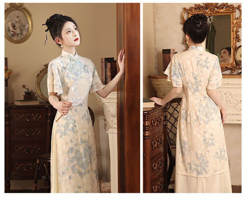 Floral Apricot Fake Two Cheongsam