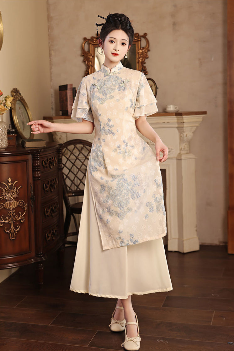 Floral Apricot Fake Two Cheongsam