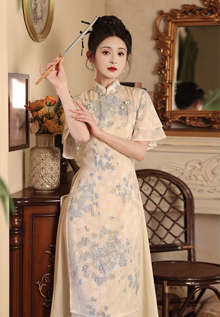 Floral Apricot Fake Two Cheongsam