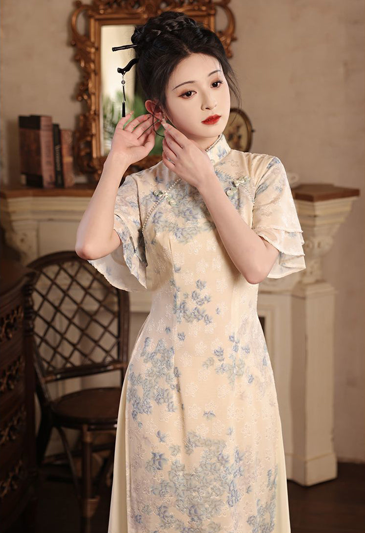 Floral Apricot Fake Two Cheongsam